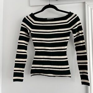 H&M Off-Shoulder Sweater in Forest Green, Black and Cream Stripes